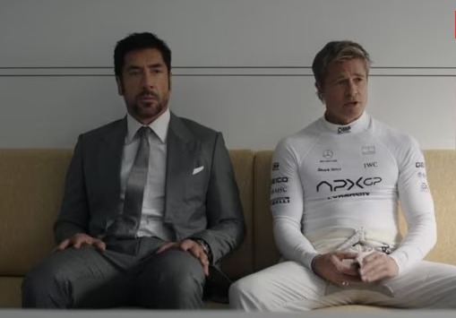 Brad Pitt driving a Formula 1 car on the set of the upcoming F1 movie